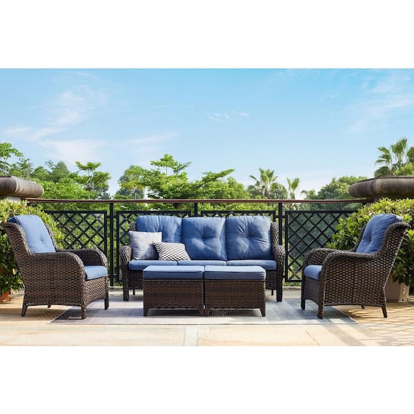 Gymojoy Carolina 5-Piece Brown Wicker Patio Outdoor Conversation Set with Blue Cushions