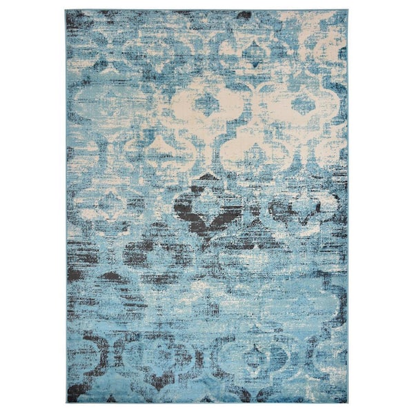 Studio Trellis Aque and Ivory 8 ft. x 10 ft. Lattice Synthetic Rectangle Area Rug