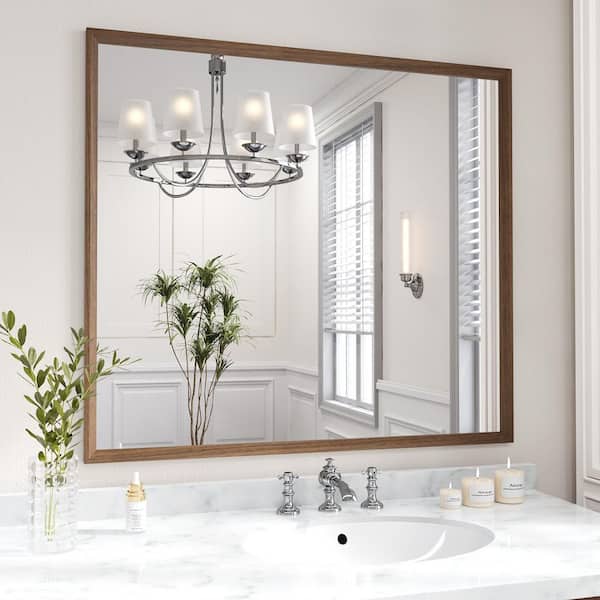 Walnut 40 in. W x 36 in. H Anti-Rust Farmhouse Rectangle Wall Mounted Framed Mirror, Bathroom Vanity Mirrors
