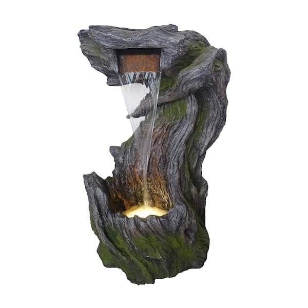Alpine Corporation 32 in. Tall Tree Bark Waterfall Fountain with Color-Changing LED Lights