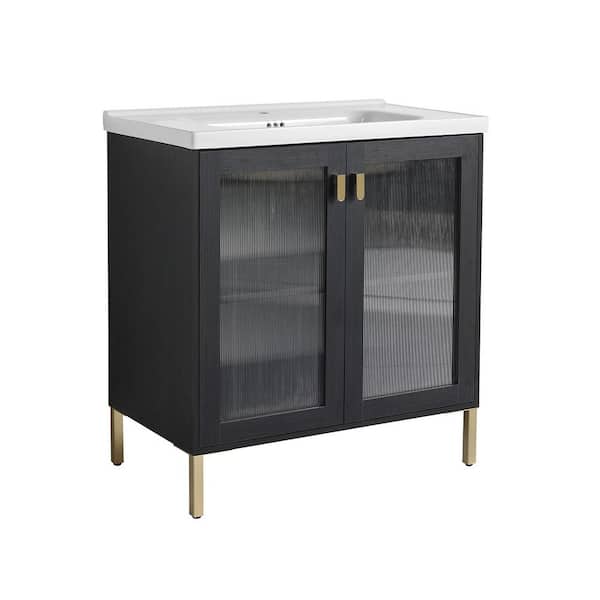 31.90 in. W Freestanding Bath Vanity in Black Chestnut with White Ceramic Top