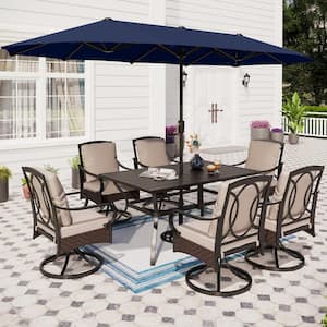 8-Piece Black Metal Outdoor Dining Set with Beige Cushions and Navy Umbrella