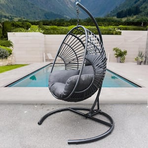 Outdoor Indoor Black Wicker Swing Egg Chair with Anthracite Cushion