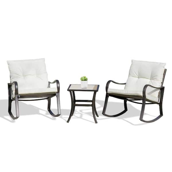 Wildaven 3-Piece Metal and Wicker Outdoor Bistro Set Rocking Chair Set with White Cushion