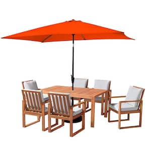 8 Piece Set, Weston Wood Outdoor Dining Table Set with 6 Cushioned Chairs, 10-Foot Rectangular Umbrella Orange