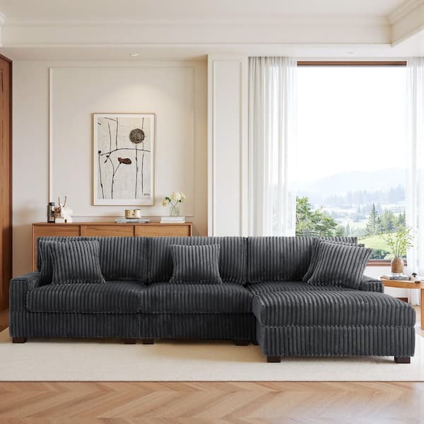 118.31 in. W Modern Square Arm 4-Piece Faux Rabbit Fur Fabric L-Shaped Modular Sectional Sofa in. Gray