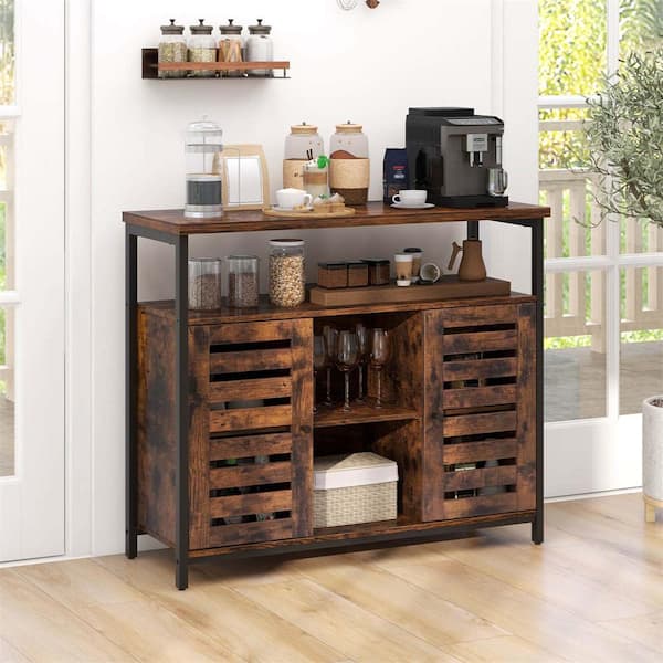 Costway Rustic Brown Wood 39.5 in. Buffet Cabinet with Push-to-Open Slatted Door
