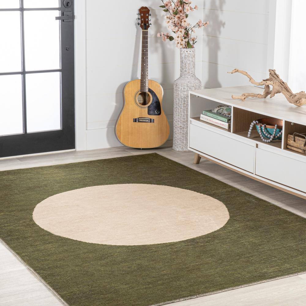 Cirkel Cream and Olive Geometric 4' x 6' Washable Rug