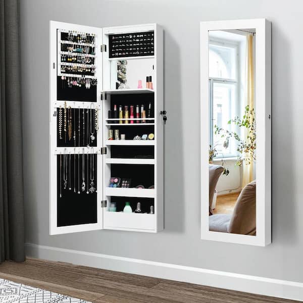 47 in. H x 14.5 in. W x 3.5 in. D Wall Door Mounted Lockable Jewelry Cabinet Armoire Organizer with LED White