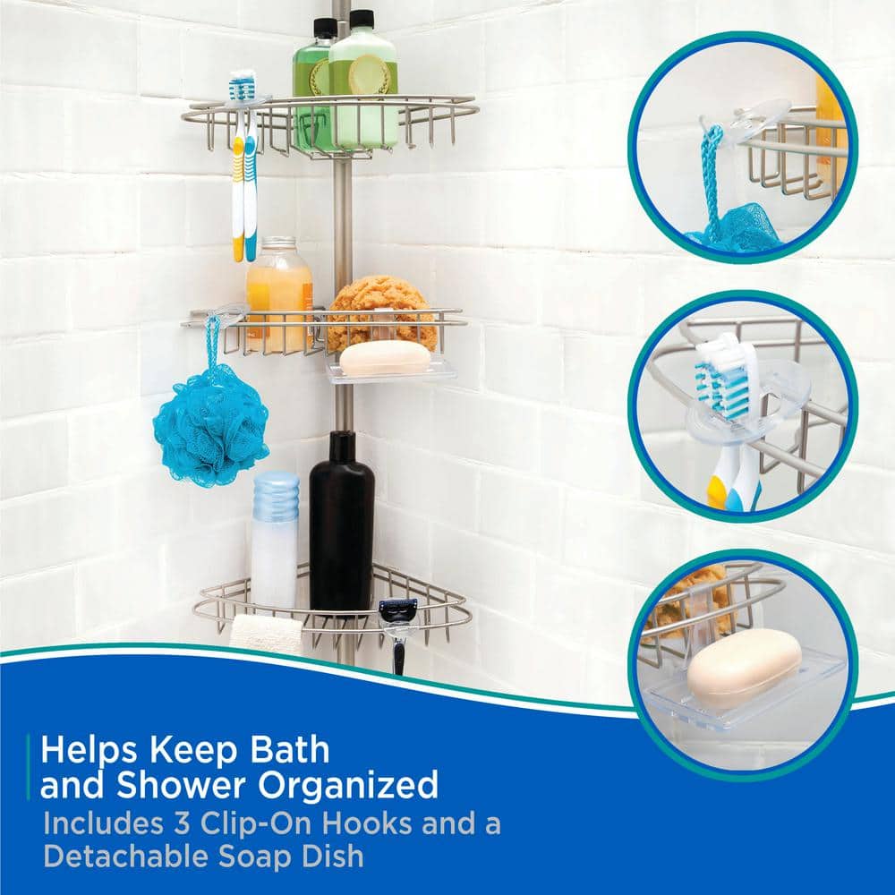 5 ft. to 9 ft. Adjustable 3-Tier Rust-Proof Stainless Steel Spring Tension Shower Corner Pole Caddy in Satin Nickel