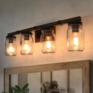 Araphi 4-Light Brushed Brown Rust Black Bathroom Vanity Light with Clear Jar Glass Shade and Painted Wood Accents Sconce