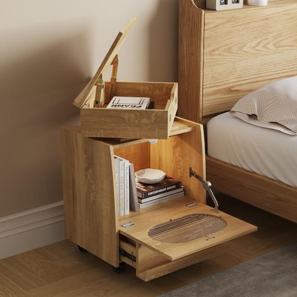 FUFU&GAGA Oak 2 Drawer 18.9 in. W Robot Nightstand with LED Lights