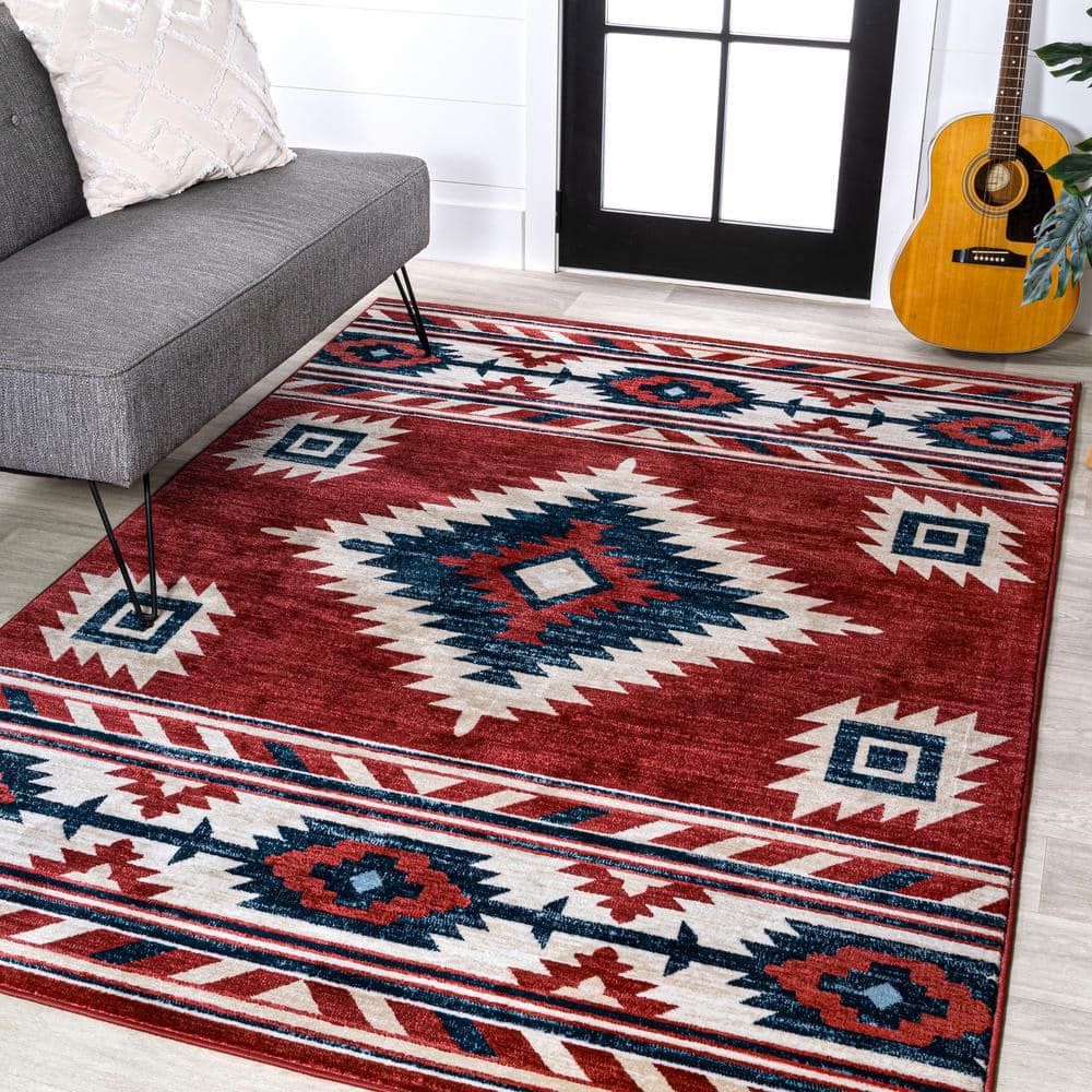 新品　MEXICICAN SARAPE RUG メキシカンラグ　red JONATHAN Y Serape Medallion Southwestern Red/Navy/Cream 5 ft. x 8