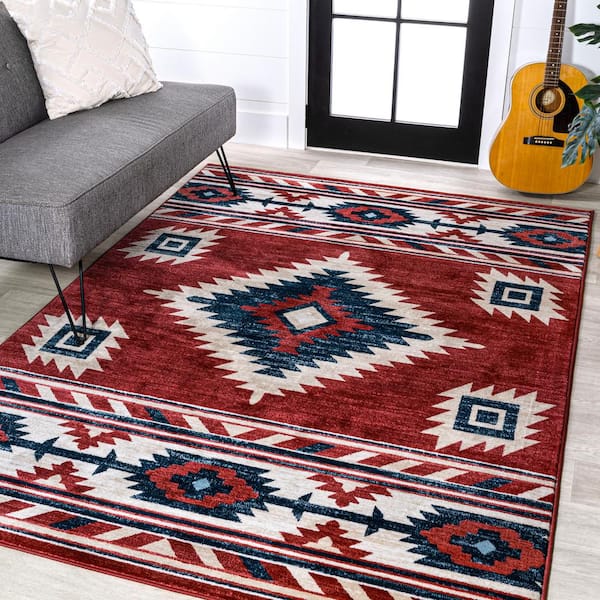 Serape Medallion Southwestern Red/Navy/Cream 5 ft. x 8 ft. Area Rug