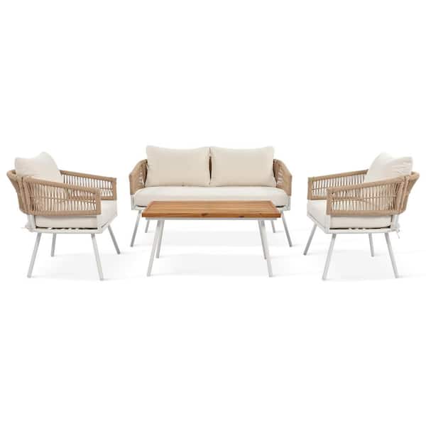 Sudzendf 4-Piece Wicker Patio Conversation Set with Beige Cushions ...