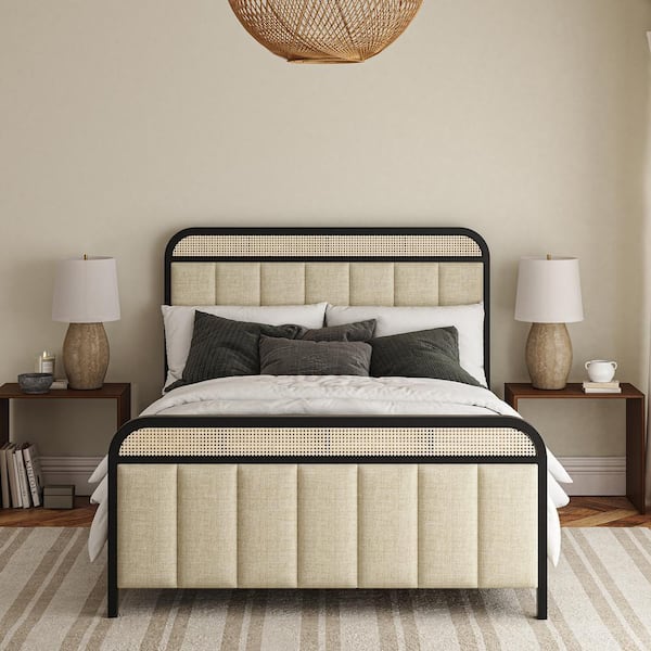 JAYDEN CREATION Edmund Linen Modern Solid Wood Frame Ratten Bed with Headboard Lighting
