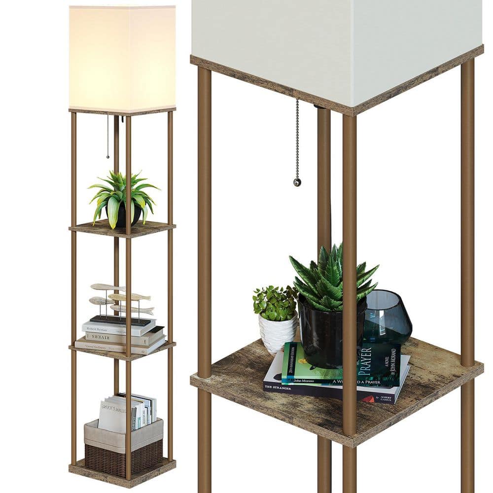 63 in. Wood Floor Lamp with Shelves, 3-Color Temp Bulb included, Column Floor Lamp for living Room with Linen Shade price history on PriceWatchPro