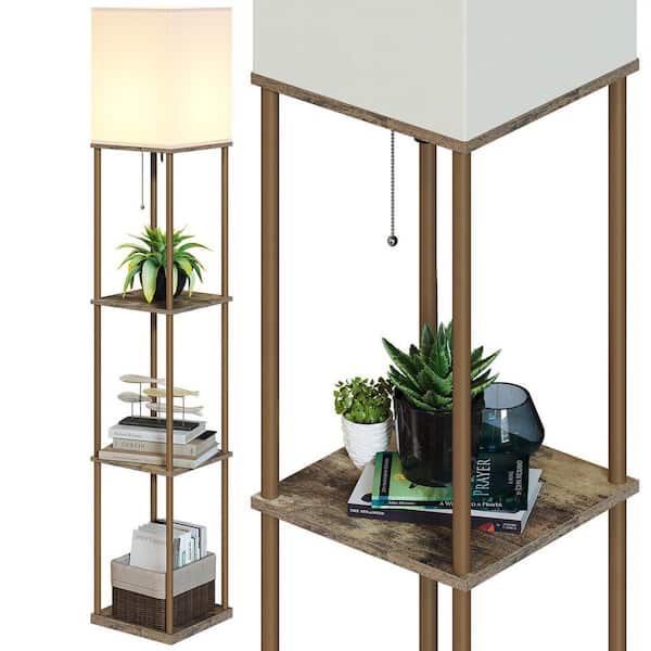 63 in. Wood Floor Lamp with Shelves, 3-Color Temp Bulb included, Column Floor Lamp for living Room with Linen Shade