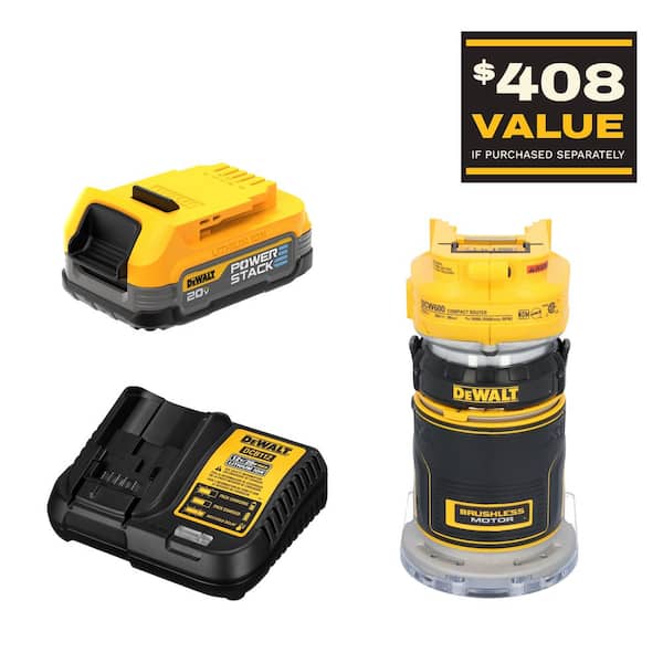 DEWALT 20V MAX XR Cordless Brushless Compact Fixed Base Router and 20V POWERSTACK Compact Battery Starter Kit