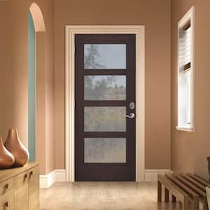 36 in. x 80 in. Right-Hand 4 Lite Clear Glass Espresso Stain Fiberglass Prehung Front Door with Brickmould