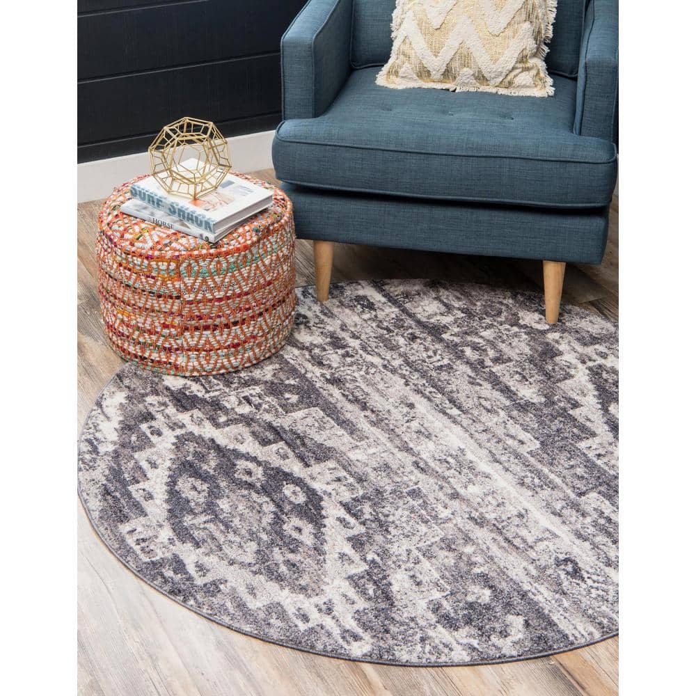 Abstract Gray Round Synthetic Indoor Rug 3'3" Diameter
