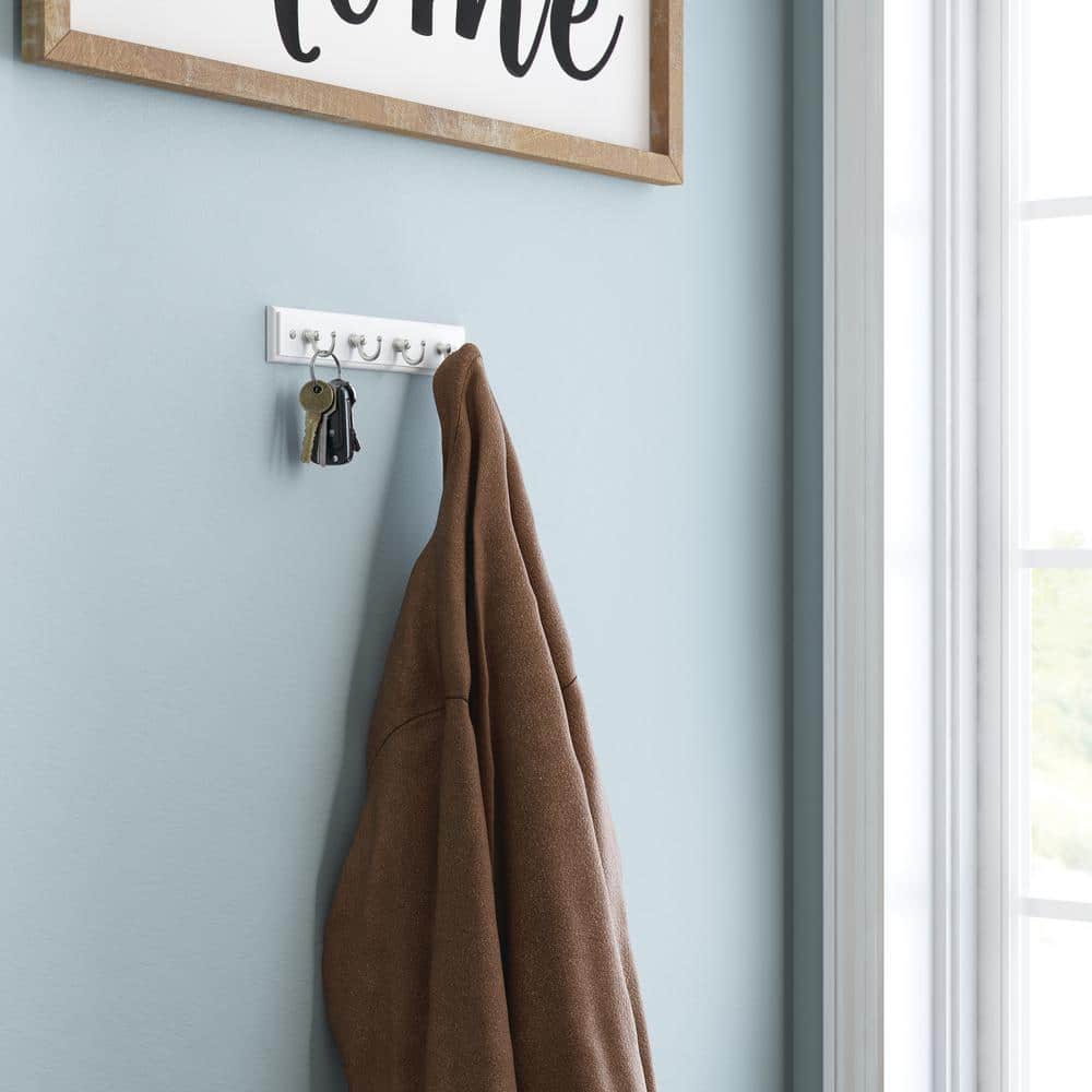 9" White and Nickel Wall-Mounted Key Rack with 4 Hooks