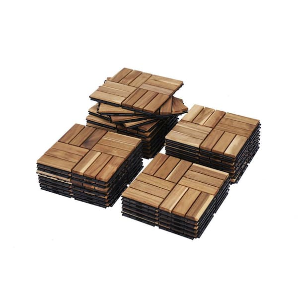 cadeninc 12 in. x 12 in. Square Acacia Wood Interlocking Deck Tiles Checker Pattern,Patio Floor Tile,Yellow (Set of 30)
