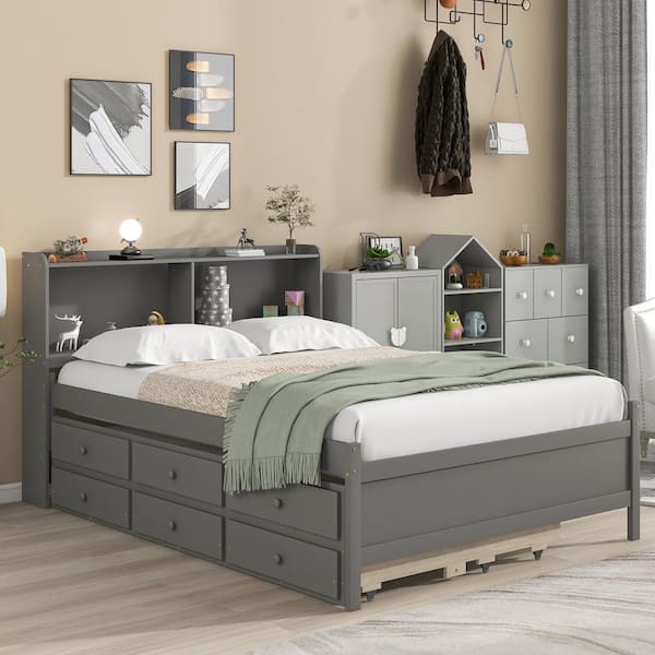 URTR Modern Gray Full Size Bed with Twin Size Trundle, Wooden Platform Bed with 3-Storage Drawers, No Box Spring Needed, Kids