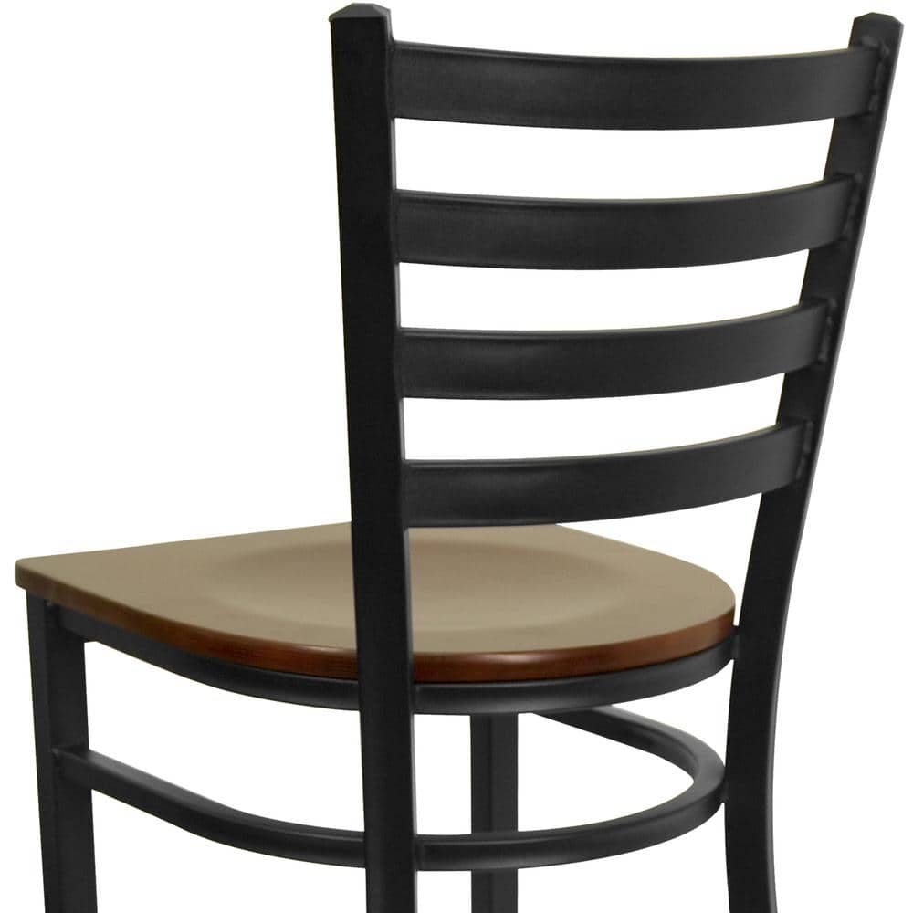 Elegant Black Metal Ladder Back Barstool with Mahogany Wood Seat