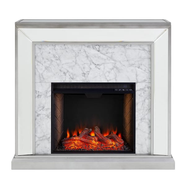 Southern Enterprises Legamma 44 in. Mirrored Electric Fireplace in Antique Silver with Faux Stone