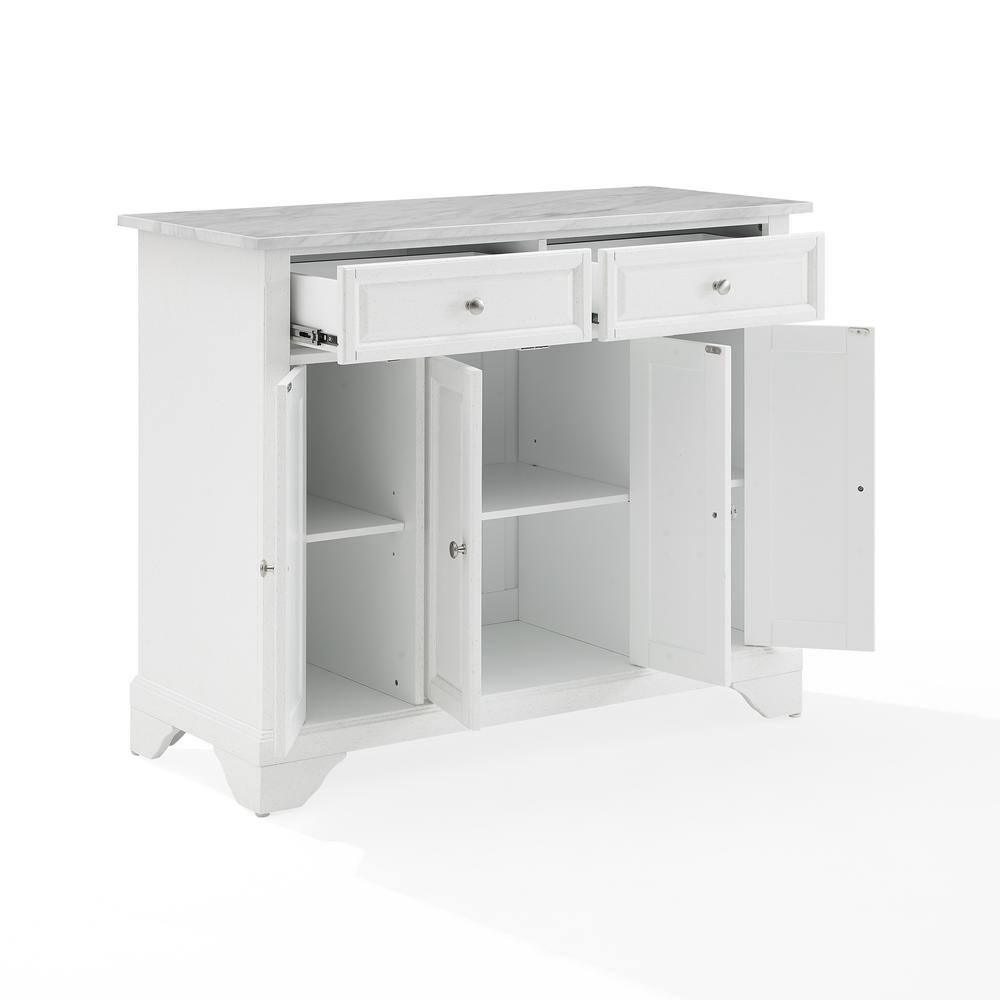 Avery Distressed White Kitchen Island Cart with Faux Marble Top