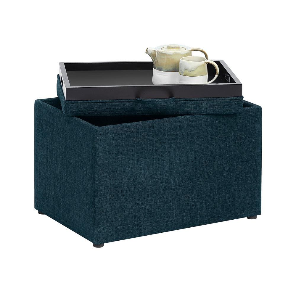 Dark Blue Fabric Storage Ottoman with Reversible Tray