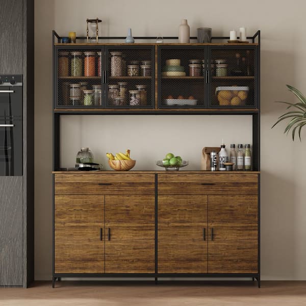 FUFU&GAGA Coffee Brown Wood 63 in. W Kitchen Buffet Sideboard Pantry Cabinet For Dining Room with Metal Mesh Doors, Drawers