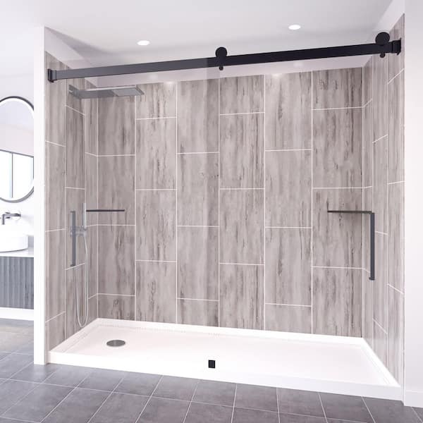 Driftwood-Tetherow 60 in. x 32 in. x 83 in. Base Wall Door Rectangular Alcove Shower Stall Kit Matte Black Left