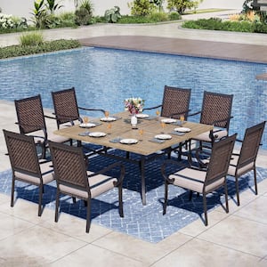 Black 9-Piece Metal Square Patio Outdoor Dining Set with Wood Finish Table and Rattan Arm Chairs with Beige Cushion