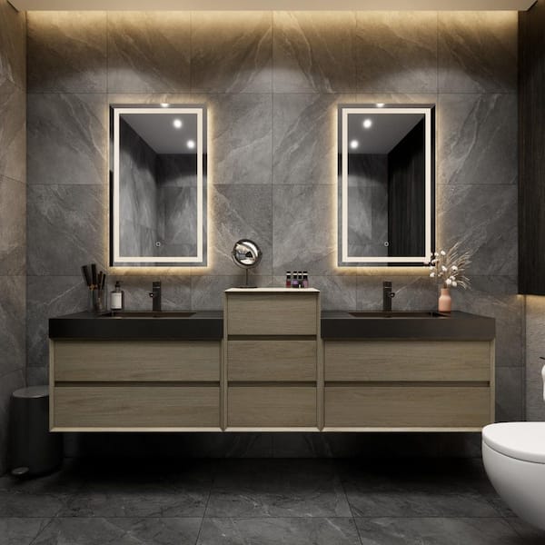MIA 114 in. W x 20 in. D x 30 in. H Double Sink Middle Cabinet Bath Vanity in Coffee Wood with Black Stainless Steel Top