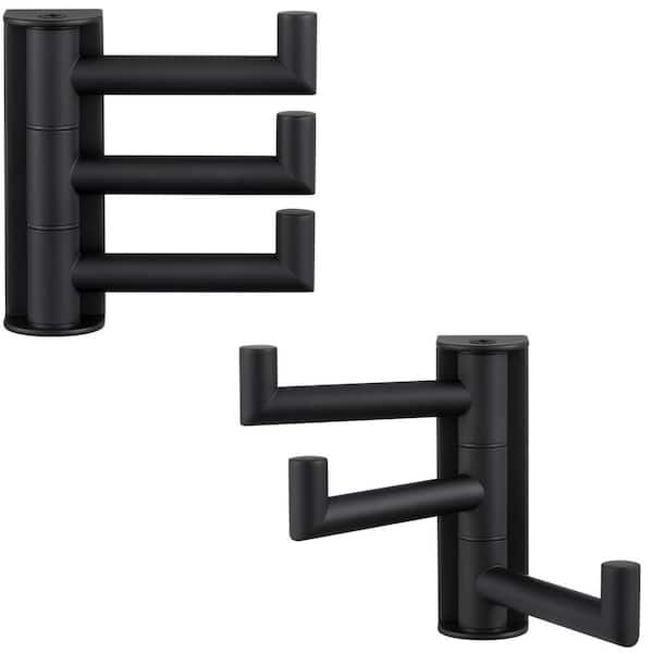 Swivel Towel Hook Bathroom Accessory with 3 Foldable Arms in Matte Black Wall Mounted Space Saving Holder 2 Pack J-Hook