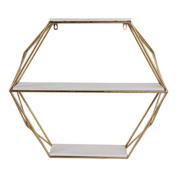 24 in. W x 6 in. D Gold/White Metal and Wood Geometric Decorative Wall Shelf