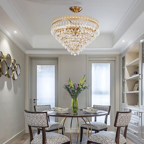 OUKANING 19.68 in. 6-Light Gold Modern Luxury Crystal Semi-Flush