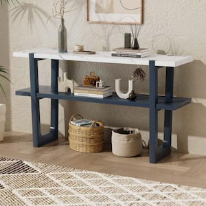 54 in. Navy Blue Rectangle Marble MDF Entryway Console Table with Marble-Effect Top and Open Shelf for Hallway