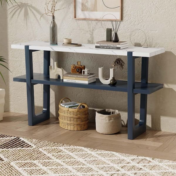 JUJABU 54 in. Navy Blue Rectangle Marble MDF Entryway Console Table with Marble-Effect Top and Open Shelf for Hallway
