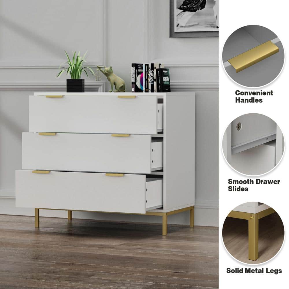 White MDF 3-Drawer Chest with Gold Accents