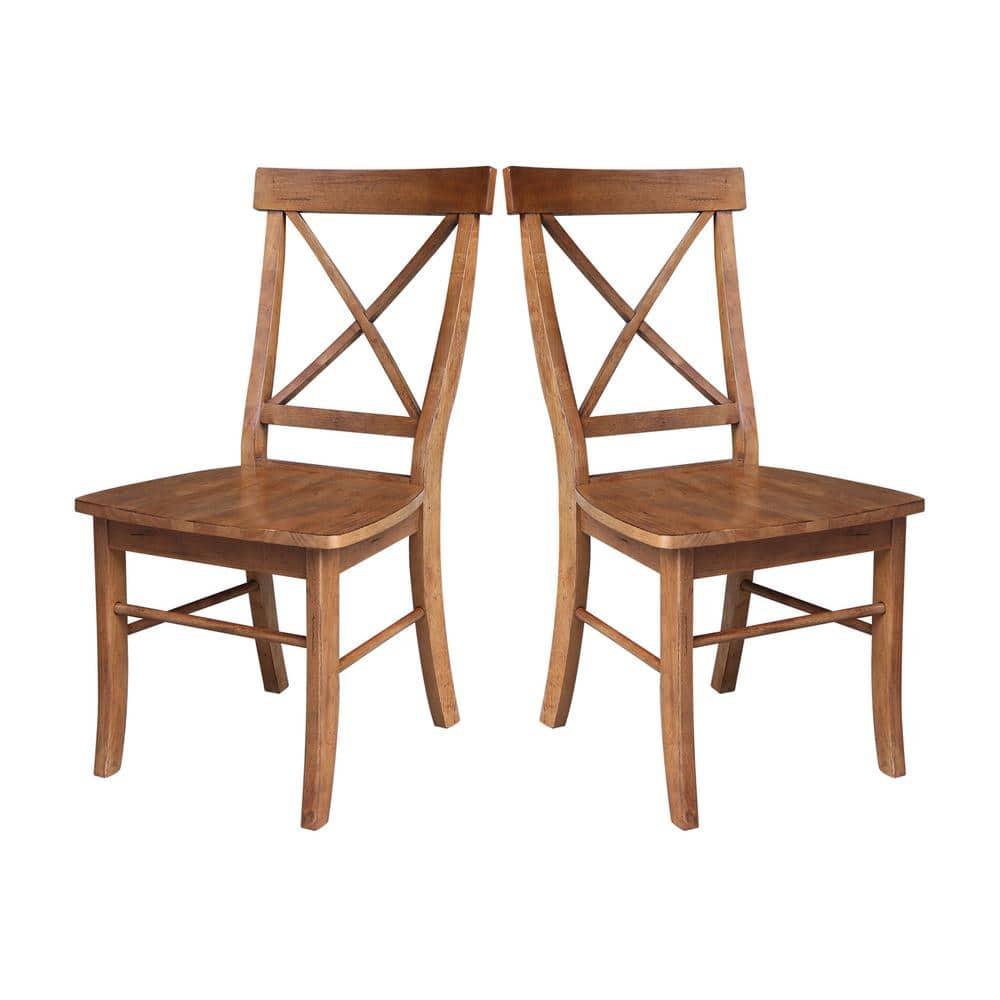 36" Distressed Oak Solid Wood Round Pedestal Table with 2 X-Back Chairs