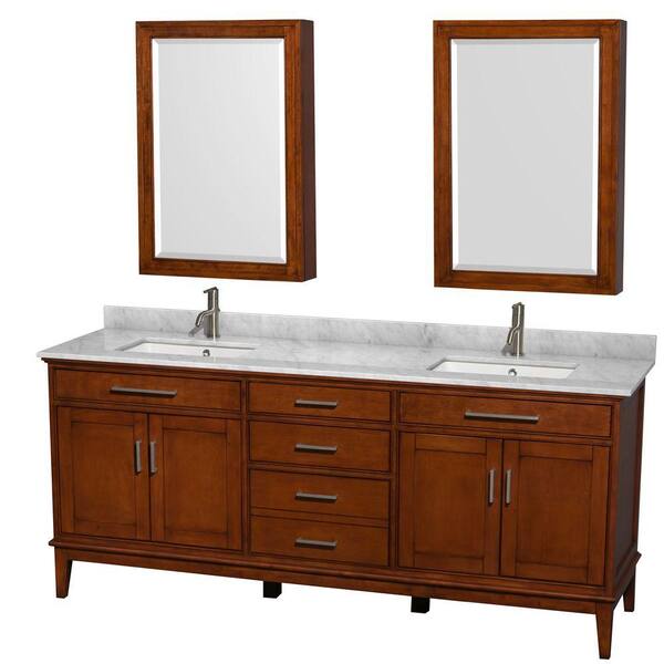 Wyndham Collection Hatton 80 in. Vanity in Light Chestnut with Marble Vanity Top in Carrara White, Square Sink and Medicine Cabinet