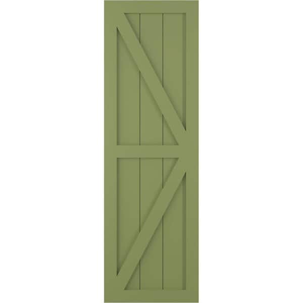 Ekena Millwork 12 in. x 33 in. True Fit PVC Two Equal Panel Farmhouse Fixed Mount with Z-Bar Board and Batten Shutters, Moss Green