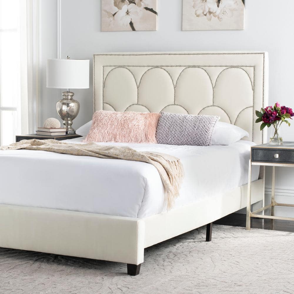 Transitional Queen Platform Bed with Plush Cream Velvet Upholstery