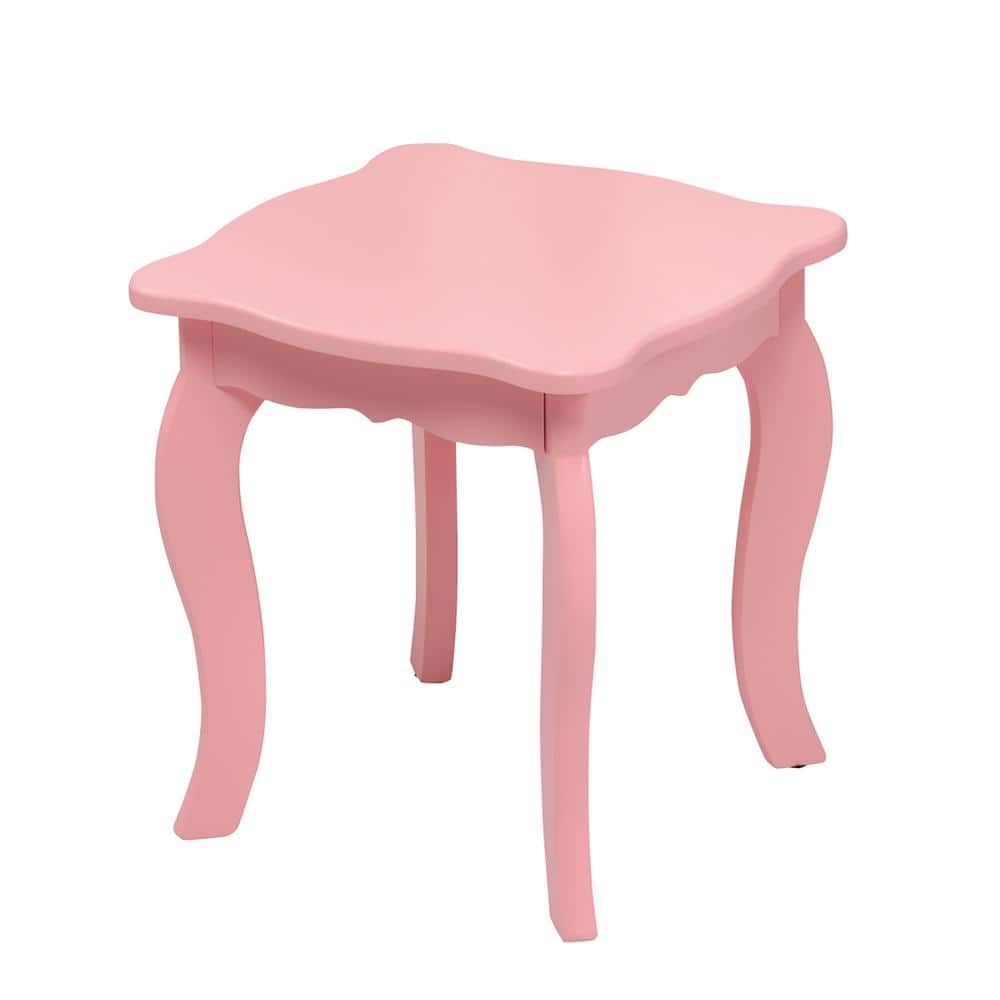 Pink MDF Kids Vanity Table and Stool Set with Tri-Folding Mirror