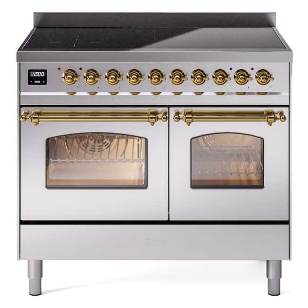 ILVE Nostalgie II 40 in. 6 Zone Freestanding Induction Range in Stainless Steel with Brass Trim