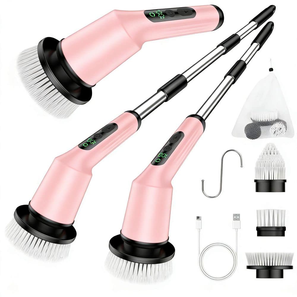 1-Piece Bathroom Accessory Set, Electric Spin Scrubber in Pink, Cordless Cleaning Brush with 3-Brush Heads