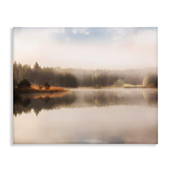 Stupell Industries Autumn Lake Misty Landscape Distant Pine Tree Forest by Irene Weisz Unframed Graphic Nature Art Print 40 in. x 30 in.